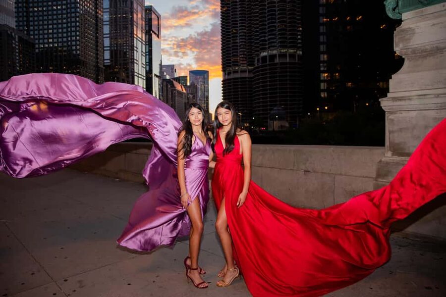 Chicago Luxury Flying Dress Photoshoot - Meeting at The Chicago Theatre and Getting Camera-Ready
