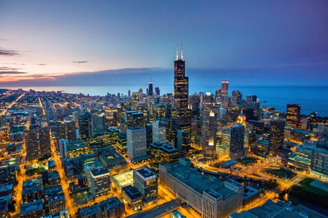 Chicago Night Driving Tour with Skydeck and River Cruise - Willis Tower Skydeck at night, plus The Ledge glass balcony
