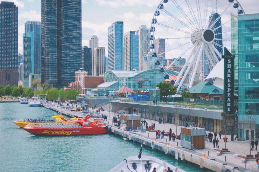 City Cruises Chicago: Seadog Lakefront Speedboat Ride - Downtown icons in the sweep: Willis Tower, Centennial Wheel, 360 Chicago, Lake Point Tower